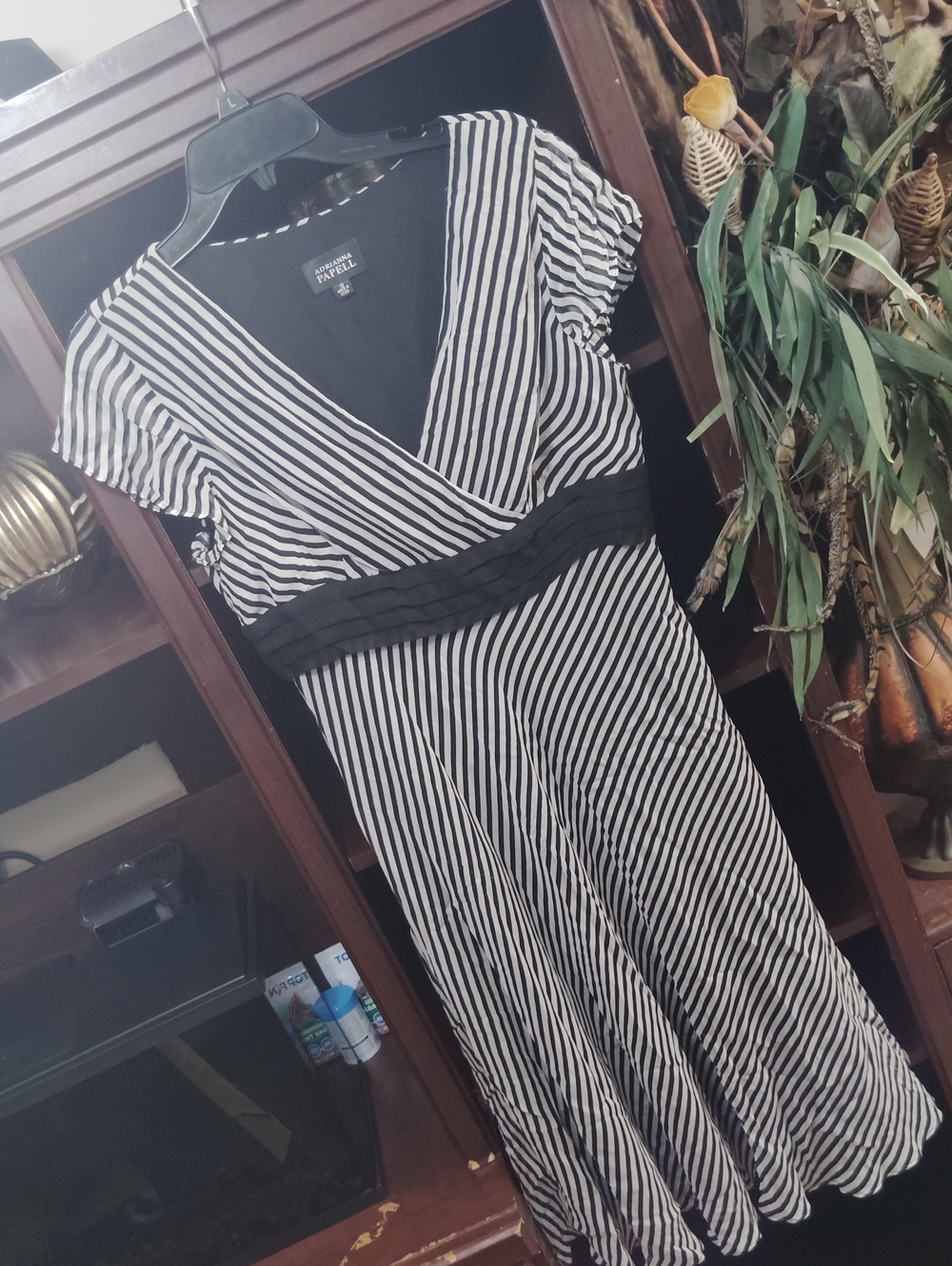 Adrianna Papell Black and  Grayest White Striped Fit-and-Flare Dress